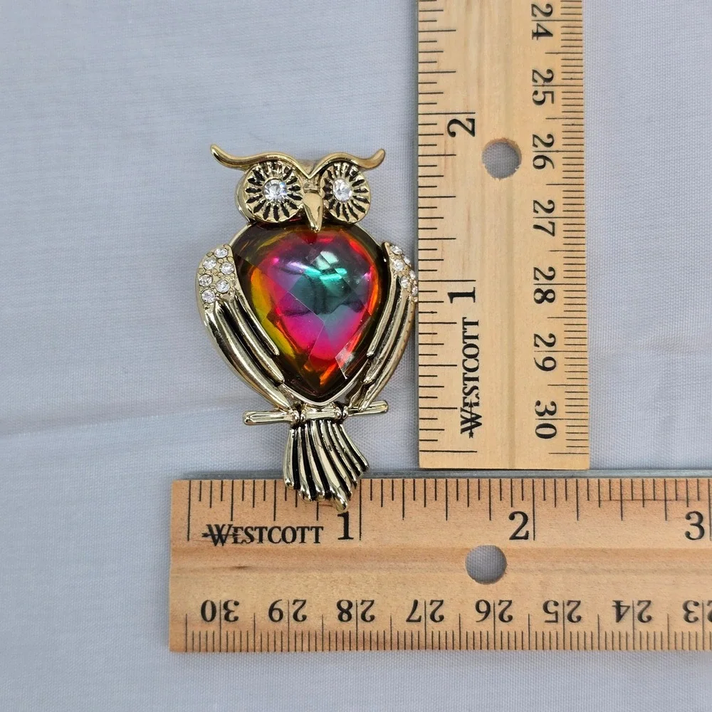 Napier Vintage Gold Tone Owl Brooch Watermelon Glass Heart Rhinestone Pin 2 Inch